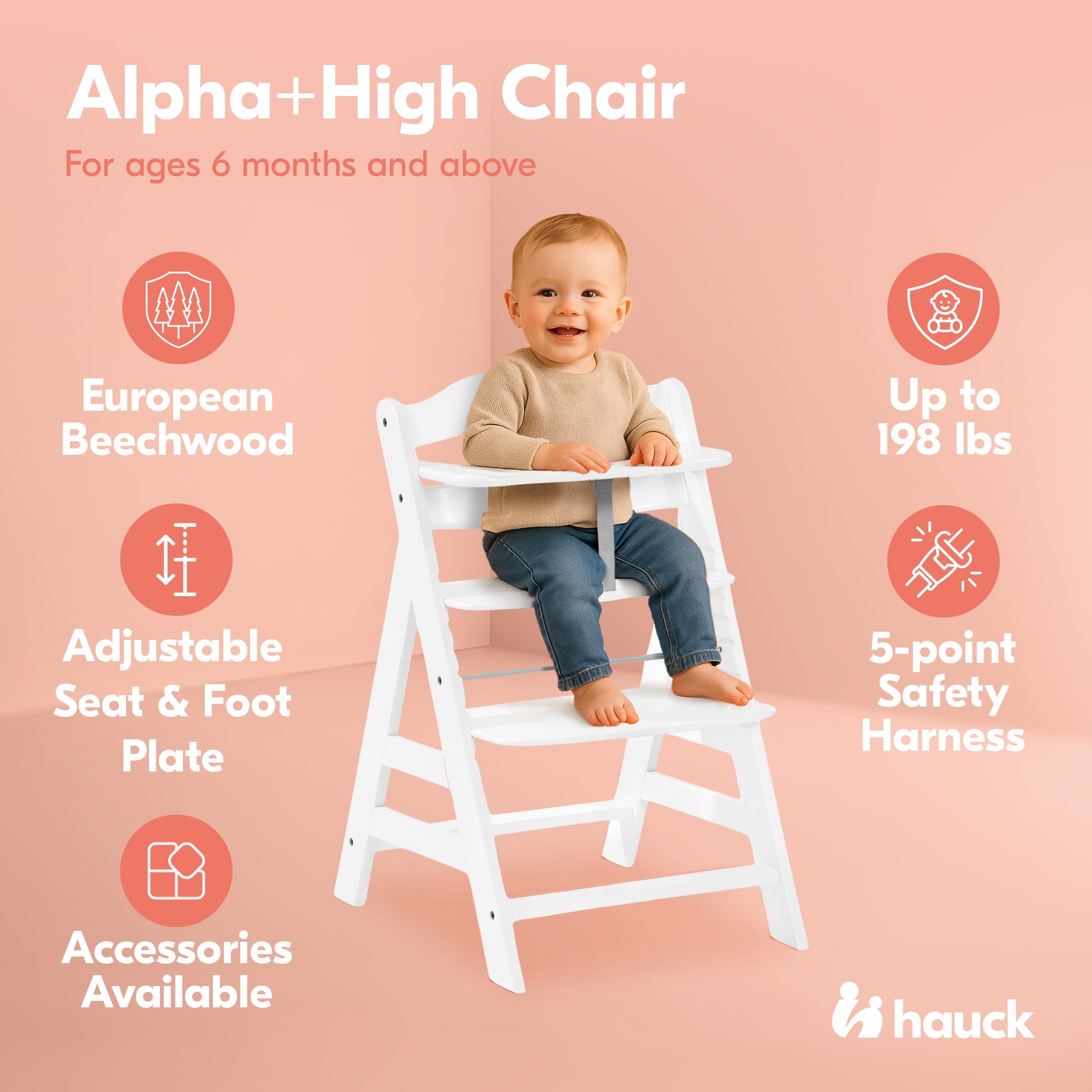 hauck Alpha+ Grow Along Adjustable Wooden Highchair Seat, Beechwood, White  - Walmart.ca