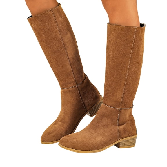 SACFOF Women's Knee High Boots Square Toe Chunky Block Heel Long Boots for Women Comfortable Low Heel Womens Boots