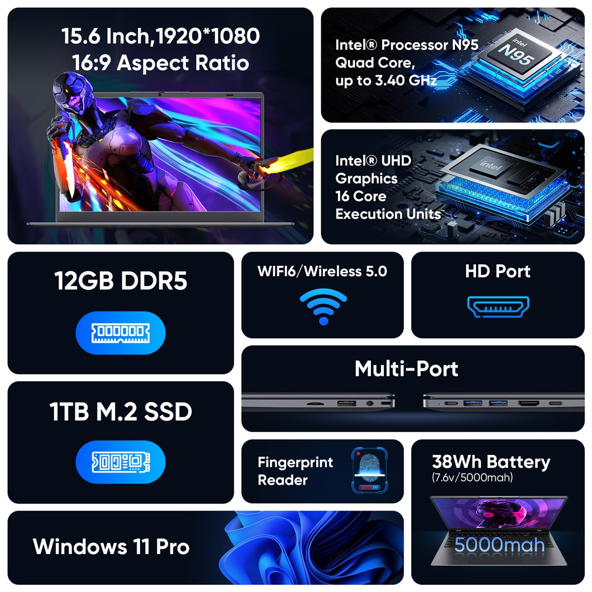 Laptop Tulasi 15.6" Win 11 PC Intel N95 4C4T 12GB+1024GB, Notebook Grey