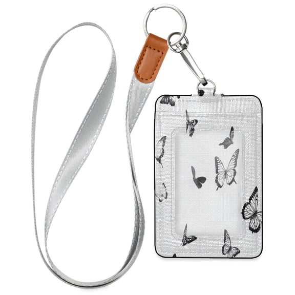 PU Leather ID Badge Holder Stylish Badge Holders with Lanyard (4.3x2.8x0.3in) for Cards & Credentials Black and White Butterflies Pattern