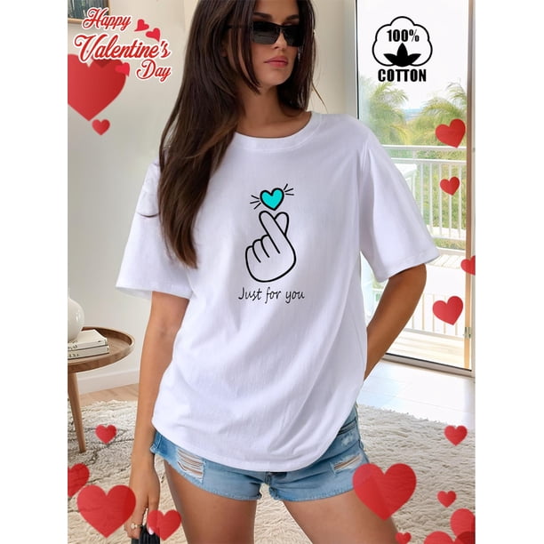 Women Crewneck Print Short Sleeve T-Shirts Summer Tees Loose Fit Graphic Tops1pc Valentine'S Day Women'S T-Shirt, Crew Neck, Slight Stretch, Sports Style, All-Season, Printed Love Heart & Lettering