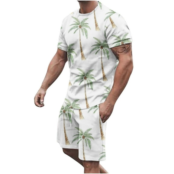 Yievot Mens Tropical Summer Beach Matching Set 2 Piece Outfits Print Blouse Round-Neck Button Short Sleeve Leisure Beach T-Shirt and Loose Shorts Sets White 4XL