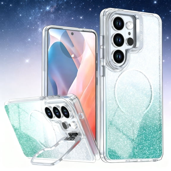 Designed For Samsung Galaxy S24 FE Phone case,Luxury Gradient Two-color Glitter Back,Compatible with Mag-Safe,With Contractile Lens Ring Kickstand,Ultra Slim Shockproof Anti-fall Phone Case,Green