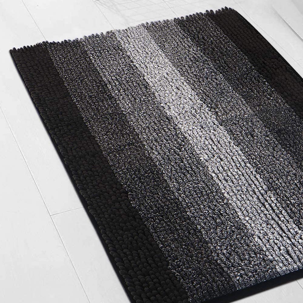 FUDAKUNA Fluffy Chenille Bathroom Rugs Anti-slip Absorbent Gradient Black Gray Stripes 19.6" x 31.5" Bath Mat Machine Washable