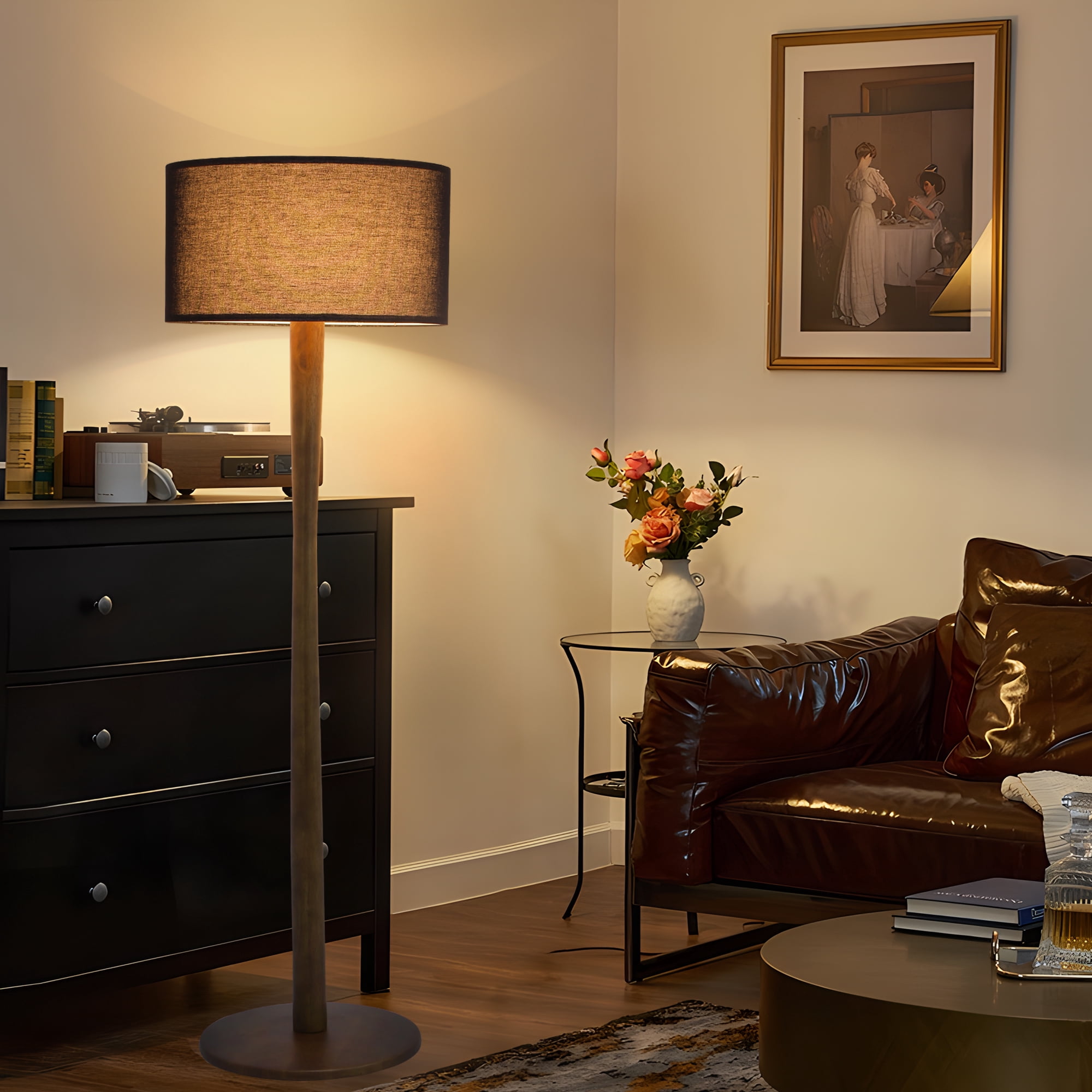 Lxmons 61'' Walnut Wood Floor Lamp, Modern Standing Lamp with Foot Switch for Living Room, Bedroom, Office, Black