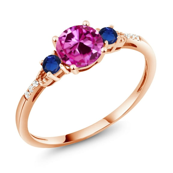Gem Stone King 10K Rose Gold Pink Created Sapphire Blue Created Sapphire and White Diamond Accent 3-Stone Engagement Ring for Women (1.14 Cttw, Round 6MM, Gemstone September Birthstone, Size 9)