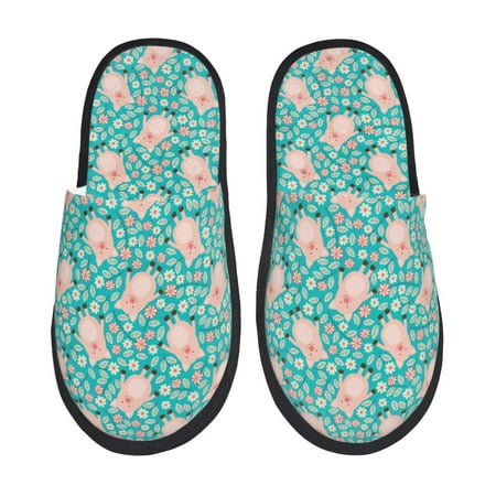 Balery Pig And Flower Slient Indoor Furry Fleece Comfort House Shoes Soft Non-Slip Home Shoes Cotton slippers House Slippers-- Medium