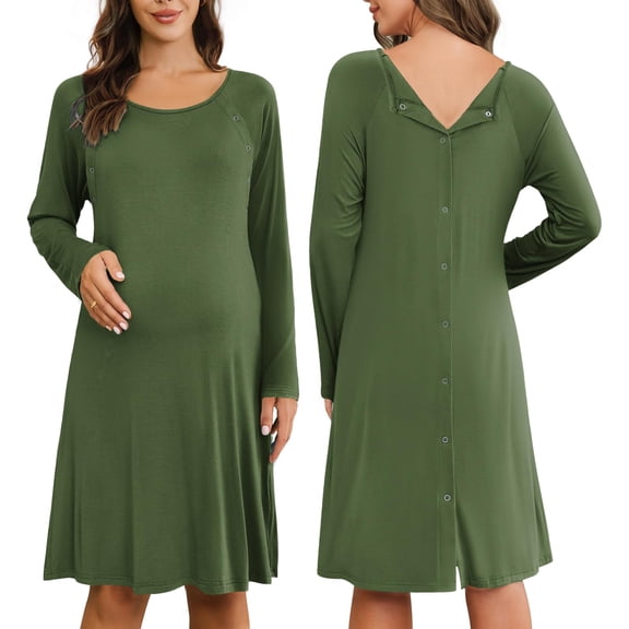 Ekouaer Women Maternity Nightgown Labor Delivery Nursing Gown Hospital Breastfeeding Dress Button Down Long Sleeve Sleepwear