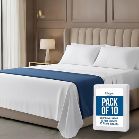 10-Pack Queen Size Hotel Sheet Set, Soft Brushed Microfiber Commercial Sheets, Resort Quality Bedding, Deep Pocket, Shrink & Fade Resistant, Easy Care, White