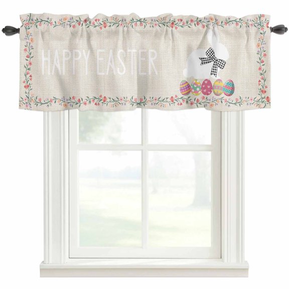 Happy Easter Rod Pocket Curtain Valance, Bow Bunny Colorful Eggs Flowers Vines Farmhouse Window Valance for Living Room, Bedroom, Kitchen 54"W x 18"L