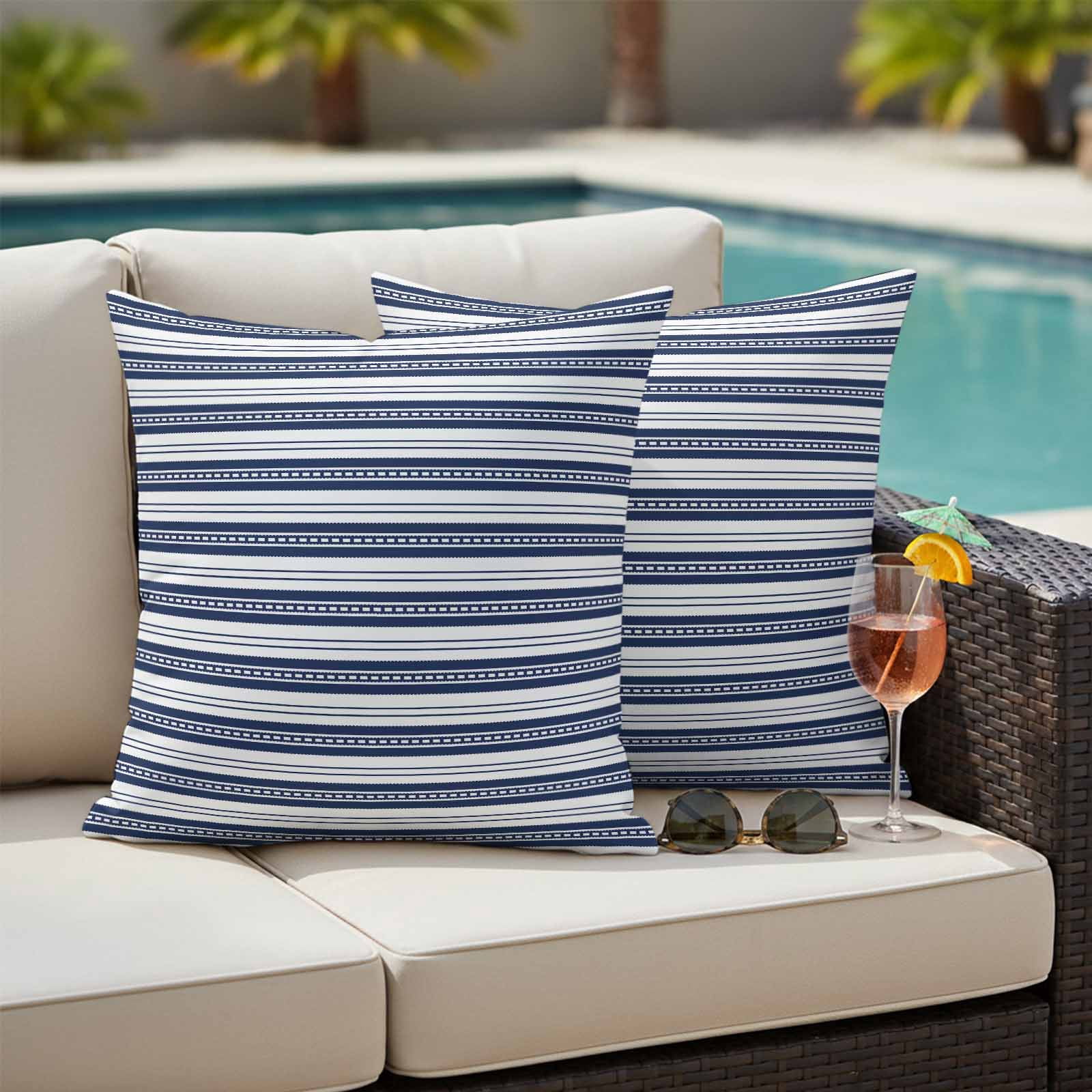 Navy Blue Striped Outdoor Waterproof Pillow Covers, Farmhouse Striped Geometric Art Decorative Square Throw Pillowcase Sofa Cushion Sham for Patio/Couch/Chair, 16"x16" 2 Pack