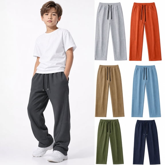 HAOTAGS Boys Straight Leg Sweatpants (5-15) Casual Sportswear Elastic Waist Pants with Side Pocket Full Length Trousers Dark Gray Size 9