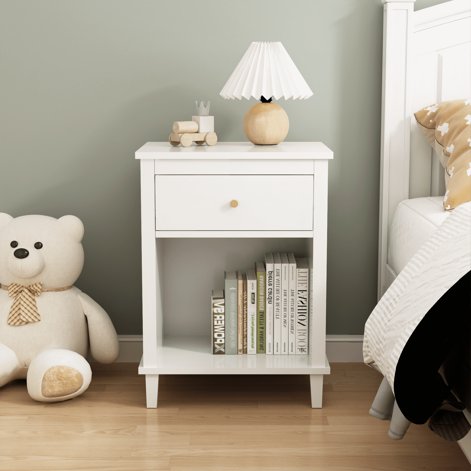 Yoneston Modern Nightstand with Drawer and Open Shelf, Simple Bedside Table for Bedroom, Kids Room, White