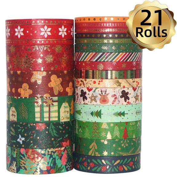 Youersen Christmas Gold Foil Washi Tape with Snowflake, Deer, and Tree Designs, DIY Crafts, Wrapping, and Party Favors, 21 Rolls