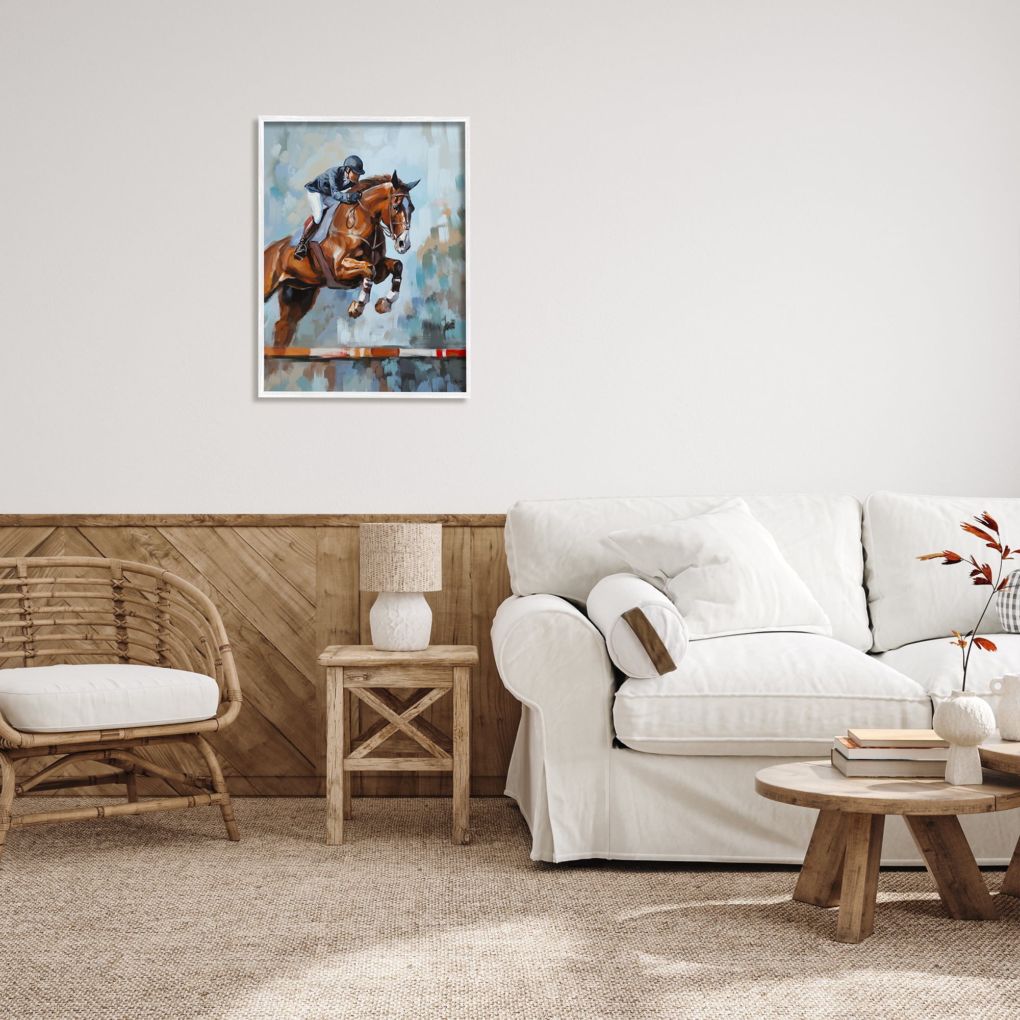 Stupell Industries Jockey Jumping Hurdle Animals & Insects Painting White Framed Art Print Wall Art, 24 x 30