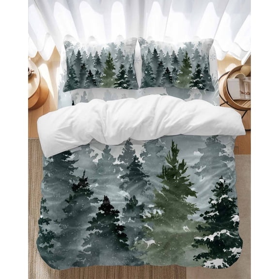 Winter Watercolor Dark Green Trees Bedding Duvet Cover Set Queen 4 Pieces Snowflake Plant Christmas Gradient Bedding Set with Zipper Closure,1 Comforter Cover 90x92 In 1 Flat Sheet & 2 Pillow Cases