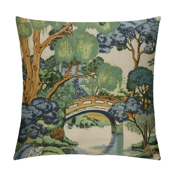 Creowell Chinoiserie Blue Trees House Bridge Throw Pillow Cover,Cushion Case Outdoor Decoration for Sofa Couch Farmhouse