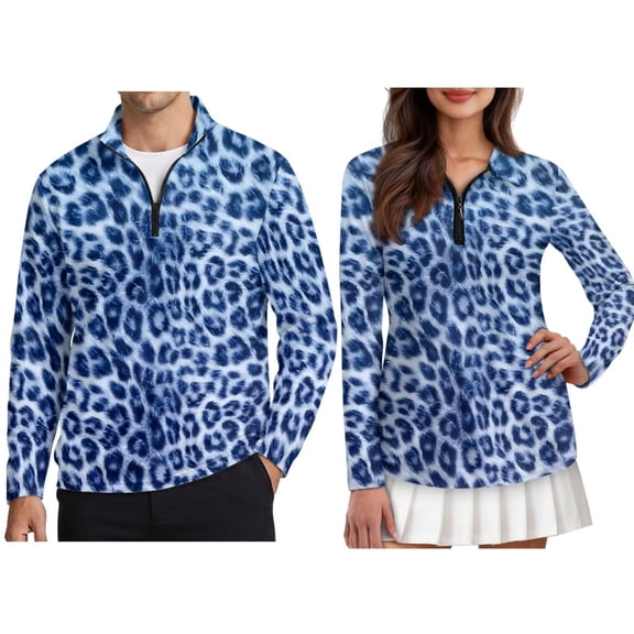 FOR U DESIGNS Blue Leopard Print Couple Golf Shirts Long Sleeve Quarter Zip Matching Outfits Quick Dry Moisture Wicking Polo for Running Hiking Tennis