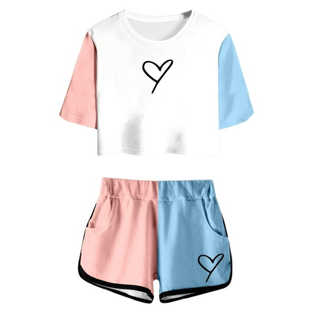 HNMKIU Ensemble Pantalon Filles Été Imprimé Manches Courtes Haut et Shorts Ensemble Mignon Col Rond Poche Tenue Décontractée pour Adolescents et Juniors Léger et Confortable