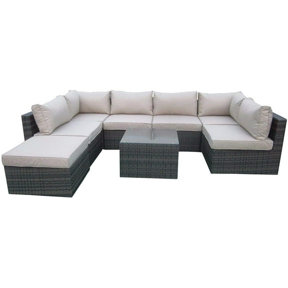 8 Pieces Patio Furniture Set, Aluminum Frame Full Assembled Outdoor Sectional Rattan Sofa Set, All Weather Mix Brown Wicker Conversation Set with Beige Cushions and Throw Pillows