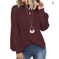 thumbnail image 4 of Qarigey Blusa de manga larga de encaje para mujer Camiseta de color sólido con cuello de encaje Prendas para la parte del cuerpo Vino rojo L, 4 of 6