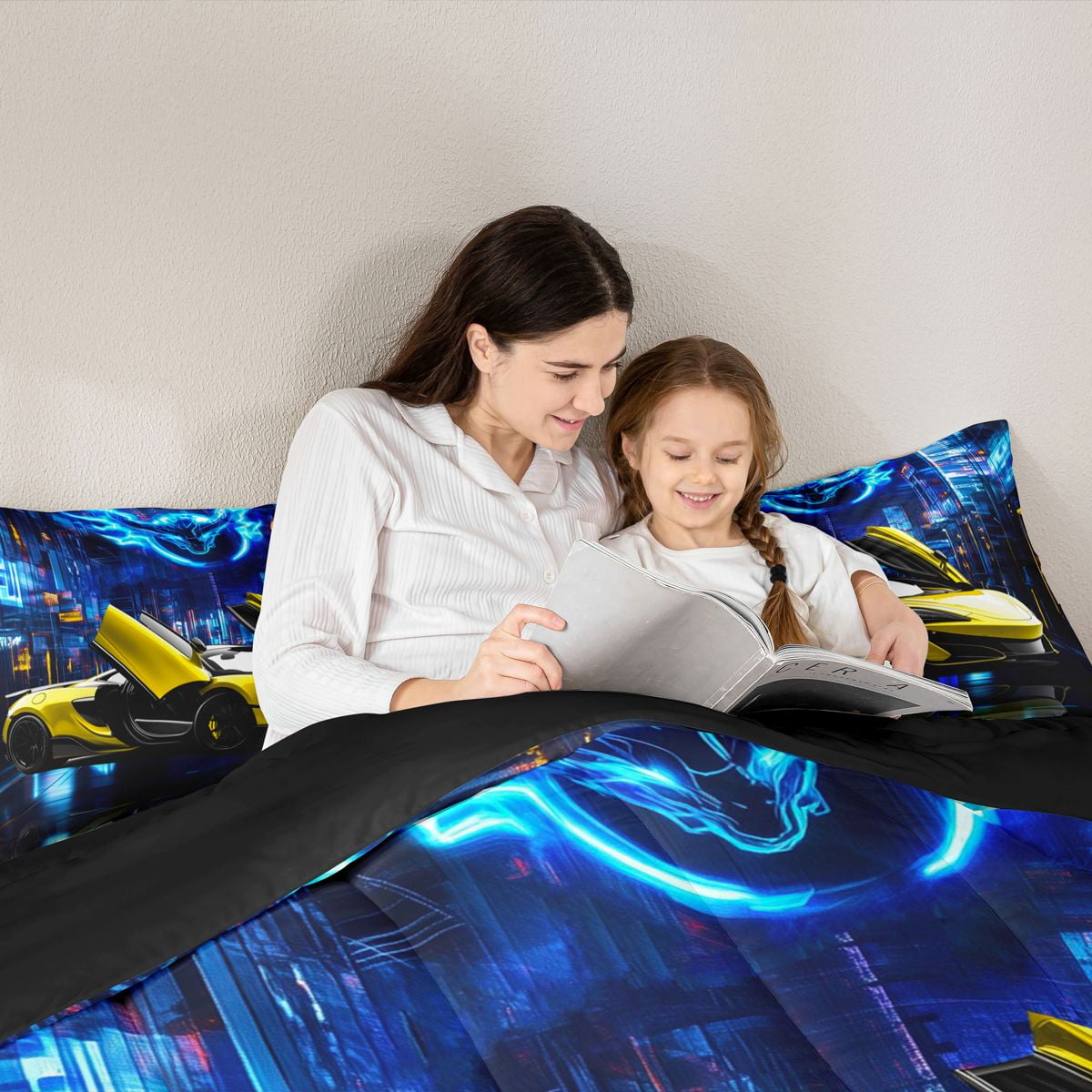 Feelyou Yellow Race Car Bedding Comforter Set, Futuristic City Landscape Twin Comforter Sets, Teens Kids Boys Girls Reversible Bedding Set, Super Cozy Room Decor, 2 Pieces