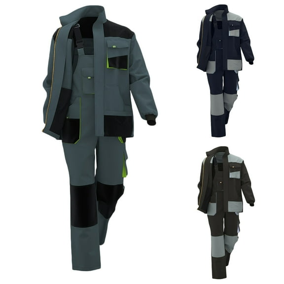 Txeol Mens Work Suit with Reflective Stripe, Color Block Zip Up Safety Jackets and Cargo Pants with Multi Pockets 2 Piece Outfits Sets for Construction XL Dark Blue