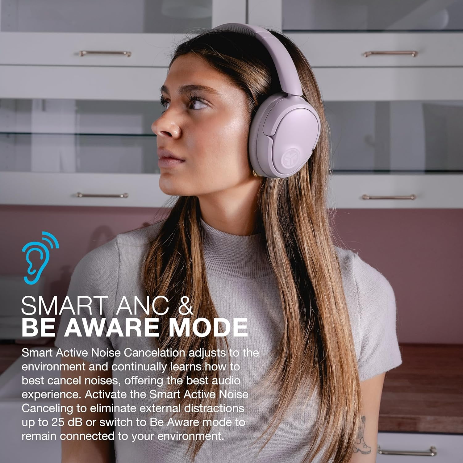 JLab JBuds Lux ANC over-Ear Headphones with Hybrid Active Noise Cancelling, 70-Hour Battery, Mauve