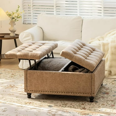 Redlife 35 Inch Large Square Storage Ottoman Bench, Storage Ottoman Coffee Table Large Square Ottoman with Storage Lift Top Tufted Storage Ottoman for Living Room (Champagne)