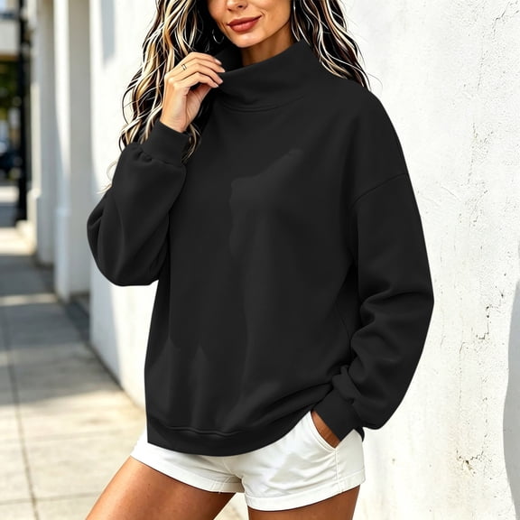 Tusihei Women Mock Neck Long Sleeve Oversized Sweatshirts Side Slit Pullover Tops Fall Winter Casual Loose Sweater Shirts, Black XL
