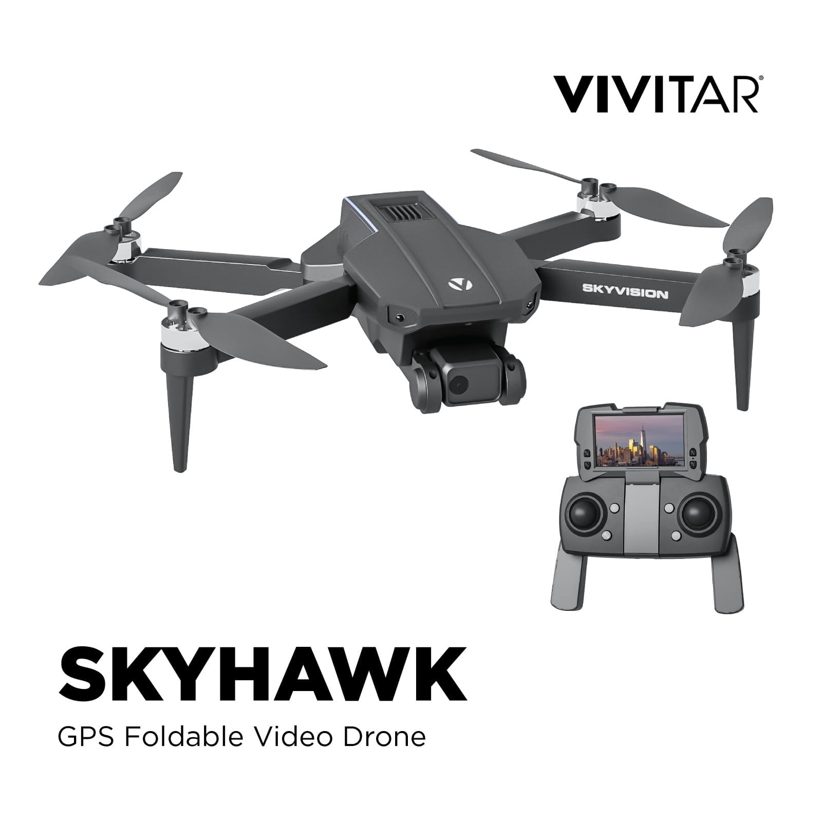 Open Box Vivitar SkyVision 4K Ultra HD GPS Foldable Video Drone, 4.3-Inch Display Controller, Brushless Motors, 1-Axis Gimbal, VR Headset, 17-Minute Flight Time