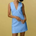 thumbnail image 2 of Htigea Women's Deep V-Neck Tank Dress Cotton Linen Sleeveless Mini Dress Casual Breathable A Line Beach Tank Sundress Blue,L, 2 of 6