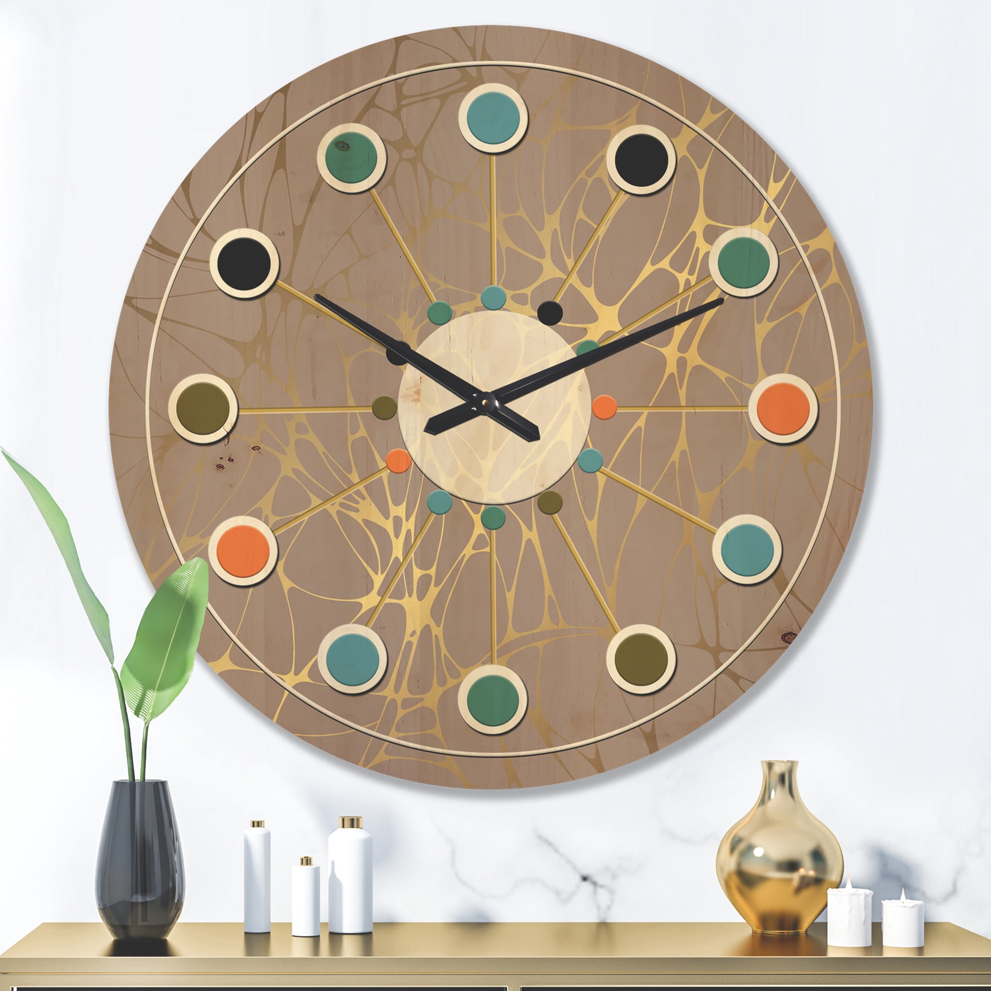 Designart 'Golden Colored Marble Design II' Mid-Century Modern Wood Wall Clock