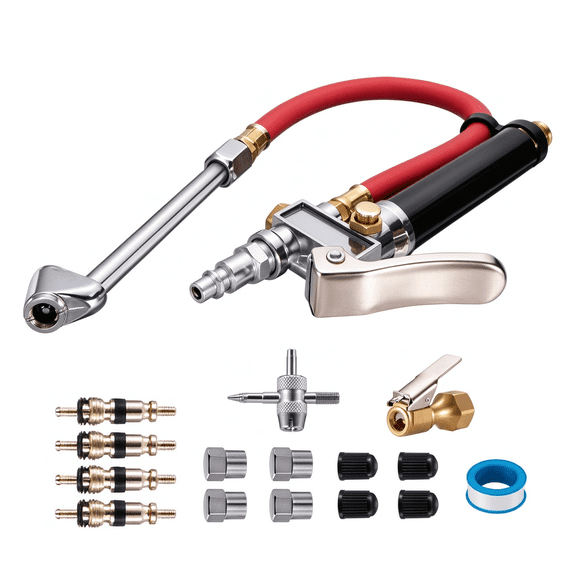 10-120 PSI Tire Pressure Gauge with Inflator, Air Chuck Pressure Gauge with 4 Way Tool Valve Cores Air Compressor Attachments Tire Inflator Nozzle for Car Automotive Truck