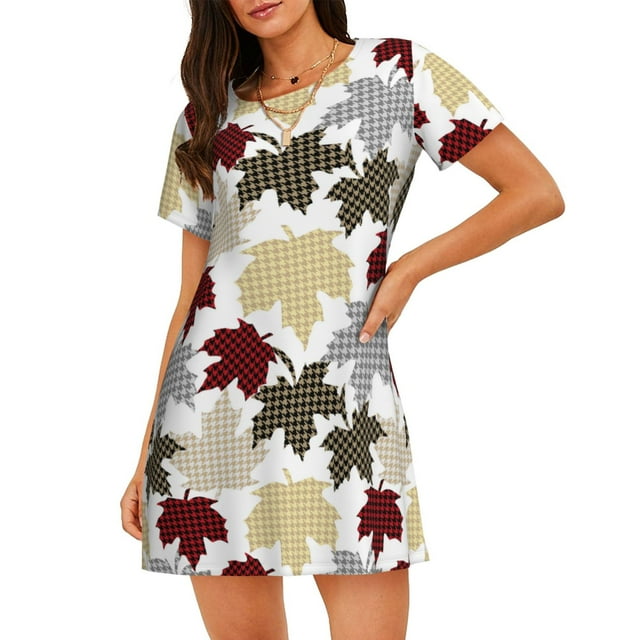 Vsdgher Chemise de Nuit à Manches Courtes pour Femmes à Motif de Feuilles d'Érable Col Rond Mignonne Robe de Nuit à Volants Confortable