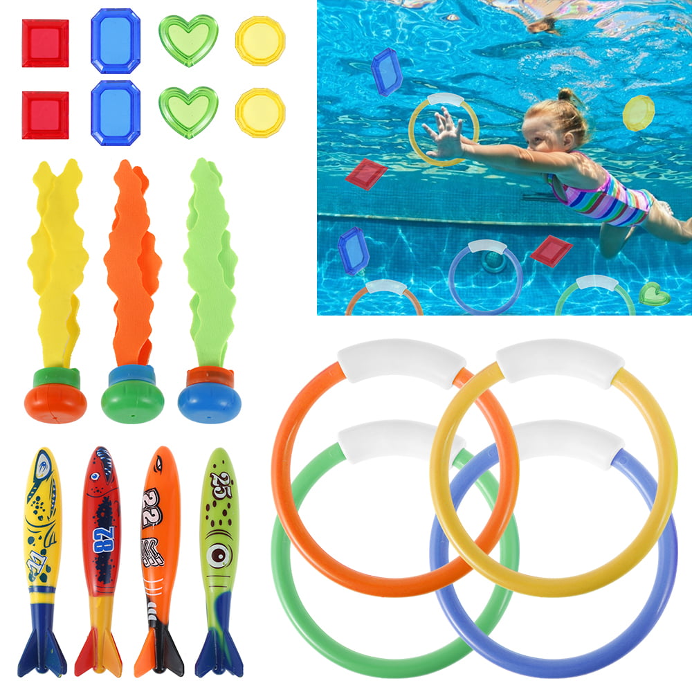 3 Sets 4 DIVE BALLS 4 RINGS & 6 STICKS Underwater Pool Diving Game Swimming Toys 