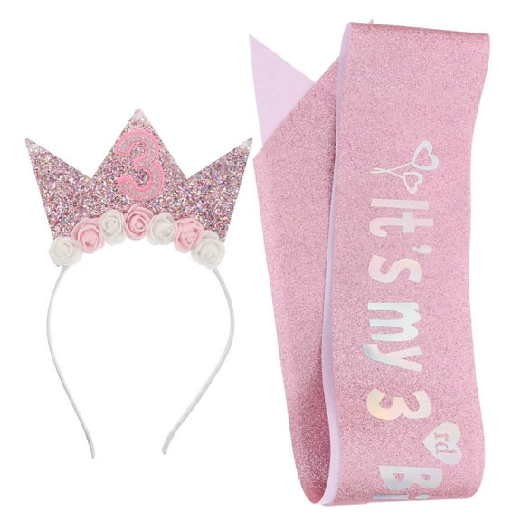OUNONA Birthday Crown Headband Set Pink Plastic and Cloth Versatile Use 1Set