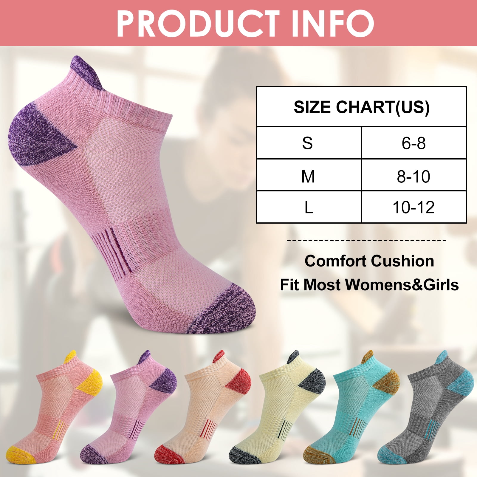 Womens Ankle Socks, Low Cut Cushioned No Show Athletic Size 6-8 Socks for Women, 6 Pairs