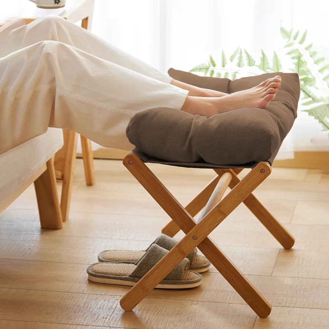 TEAFIRST Folding Footrest Stool, Footstool, Small Portable Bamboo Accent Ottoman,with Padded Brown