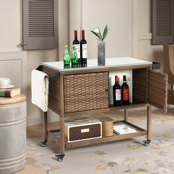 Outdoor Wicker Bar Cart, Patio Wine Serving Cart w/Wheels, Rolling Rattan Beverage Bar Counter Table w/Glass Top