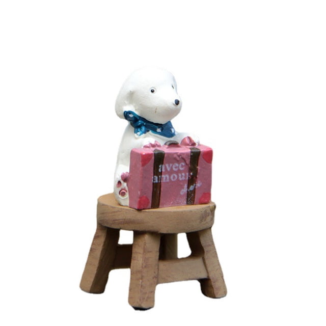 Escultura creativa de perro de resina sentado en taburete con caja de regalo