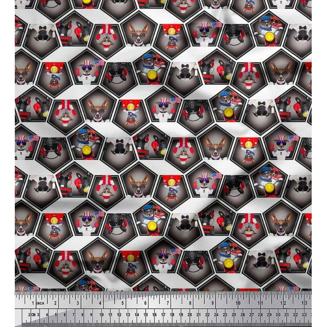 Soimoi Moss Georgette Fabric Geometric & Dogs Patchwork Print Fabric by Yard 42 Inch Wide