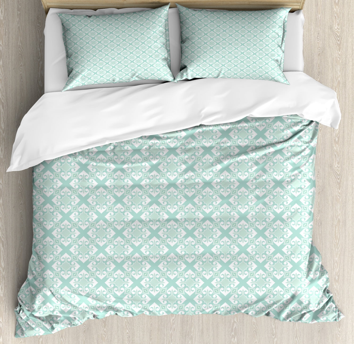 Teal and White King Size Duvet Cover Set, Old Fashioned Abstract Mosaic