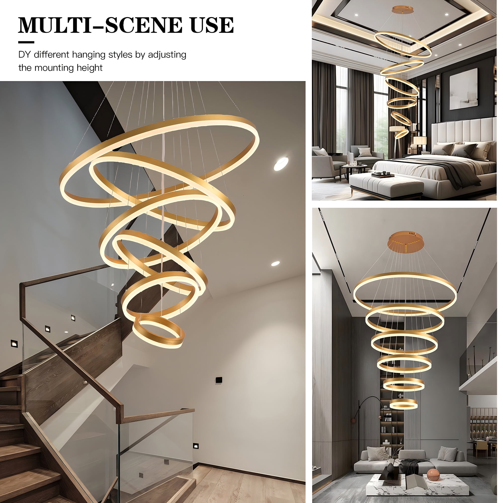 Modern 6-Ring LED Chandelier for High Ceilings, Adjustable Gold Pendant Light with Remote, Dimmable Flush Mount Fixture for Foyer, Entryway, Living Room Dining Room