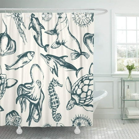 Realistic Black Bear - WOPOP Sea Creatures Black and White Realistic Turtle Dolphin Killer Whale Cowfish Fur Seal Bear Jellyfish Shower Curtain 60x72 inch