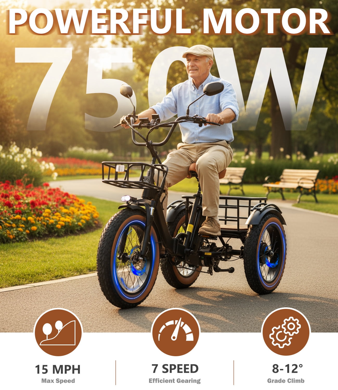 Broobey Electric Tricycle Pre-Assembled 90% 3 Wheel Electric Bicycle with 48V15Ah Lithium Battery 750W 20*4.0" Fat Tire Electric Tricycle for Adults Brown