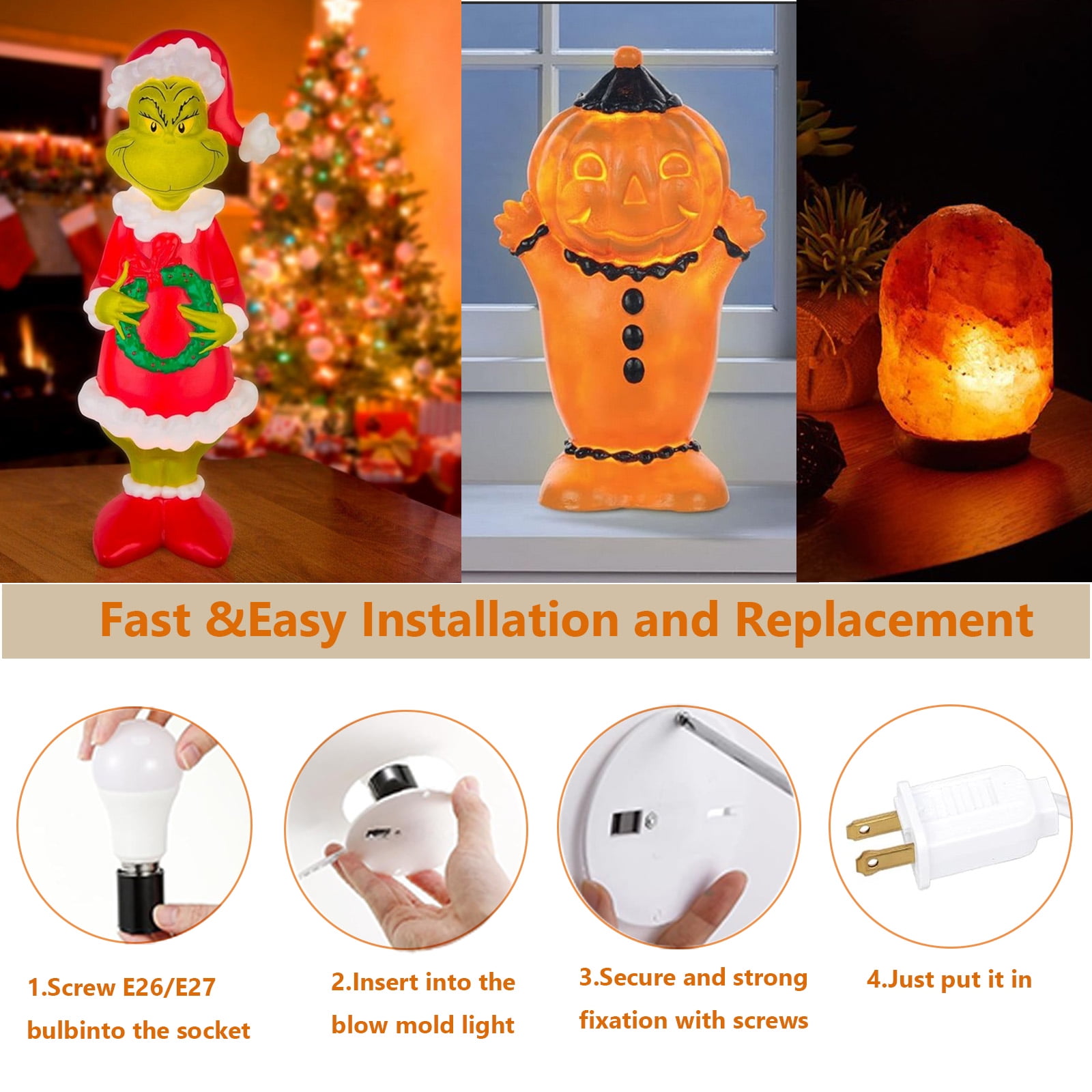 TWDRTDD Blow Mold Light Kit Replacement, E27 E26 Single Light Cord Kit with Switch Fuse Plug, for Indoor Outdoor Halloween Christmas Village House Craft Decorations and Salt Lamp (2-Pack)