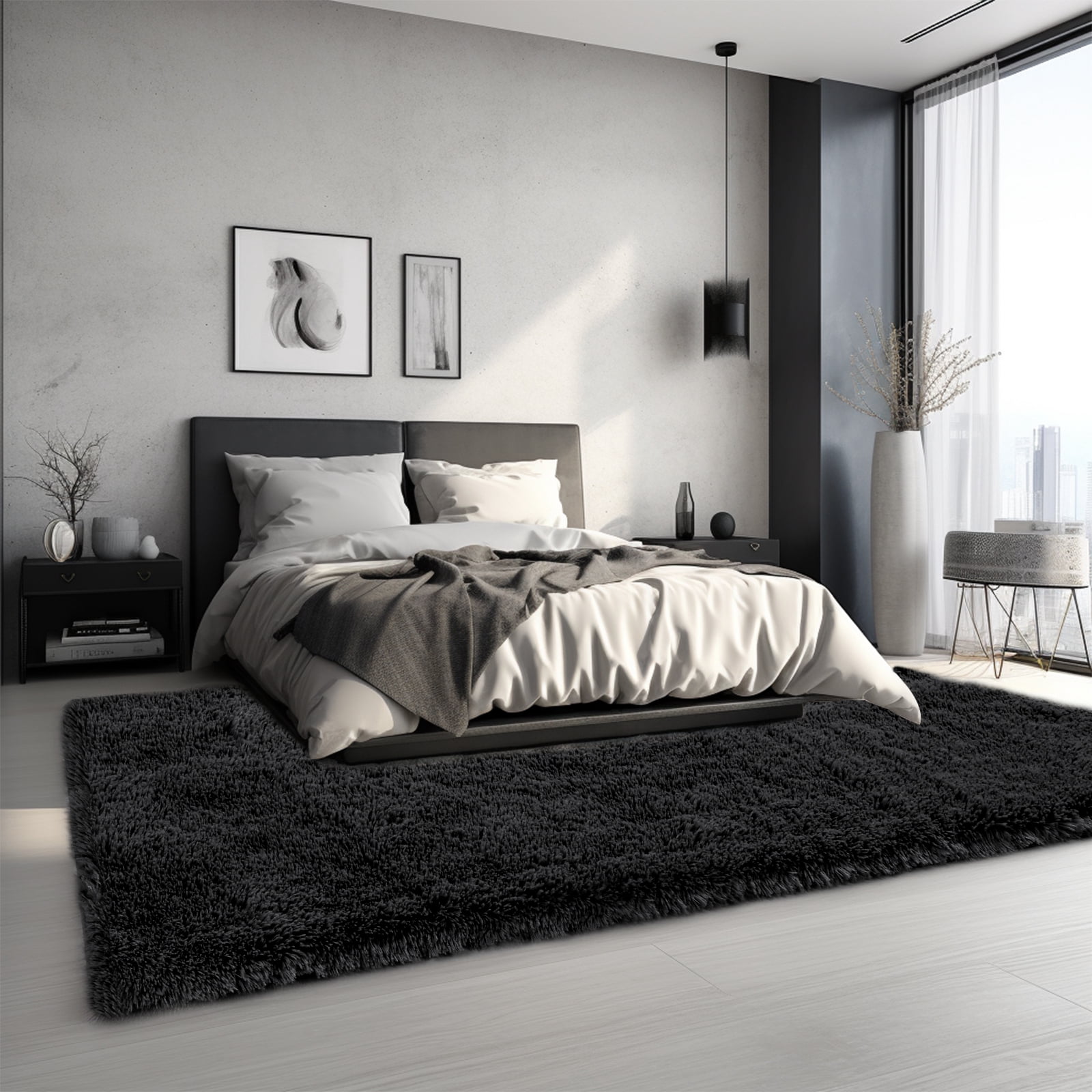 Solid Color Fluffy Rugs, Non-slip Soft Shaggy Floor Carpet Mats & Rugs for Room Decor, Washable Non-slip Modern Area Rug, Modern-style Decorative Carpets for Home Livingroom Bedroom, Black
