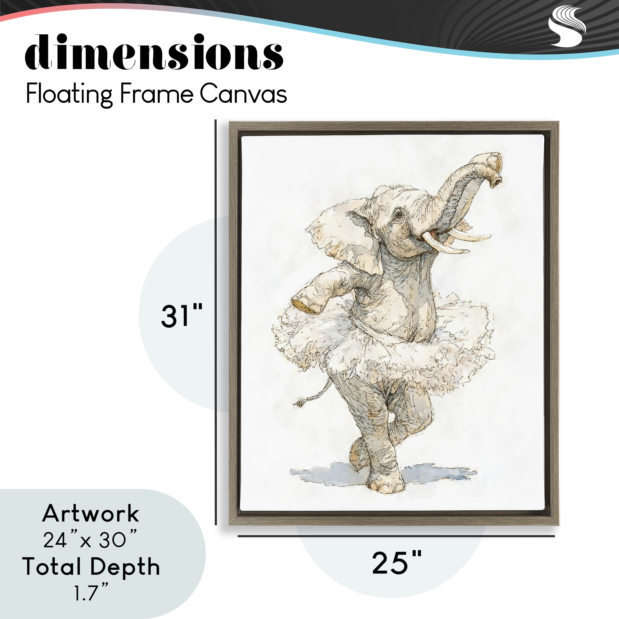 Ballet Elephant Tutu Brown Framed Floater Canvas Wall Art, design by Ziwei Li