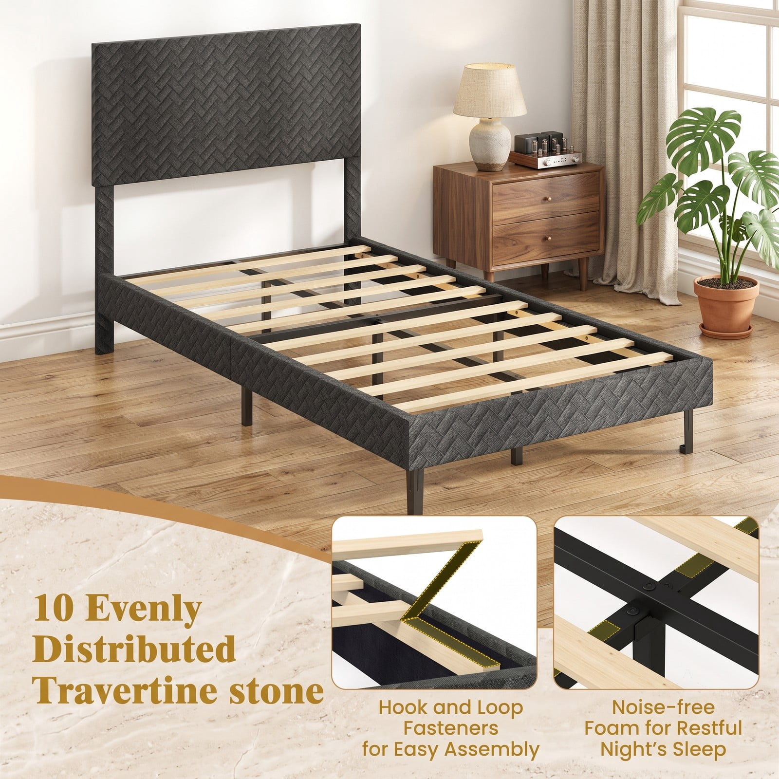 Furnibear Twin Bed Frame with Headboard, Velvet Upholstered Platform Bed with Height Adjustable Chevron Headboard and Wood Slats, Gray